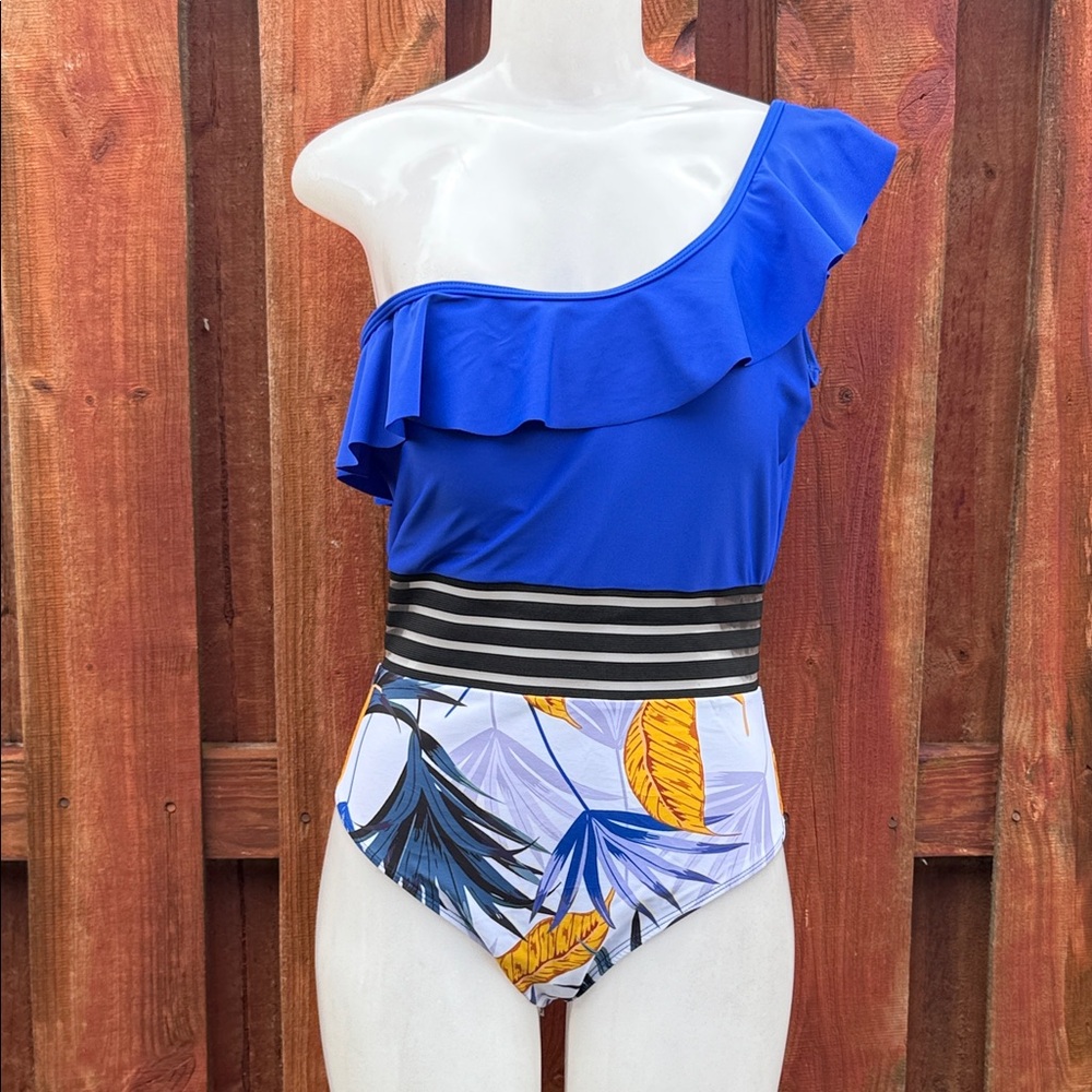 Royal Blue One-Shoulder Ruffle One-Piece Swimsuit with Tropical Print Size XL